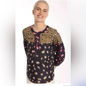 Vilagallo V-Neck Firenze Color Block Blouse – Navy, Green & Fuchsia (Size 36)- S